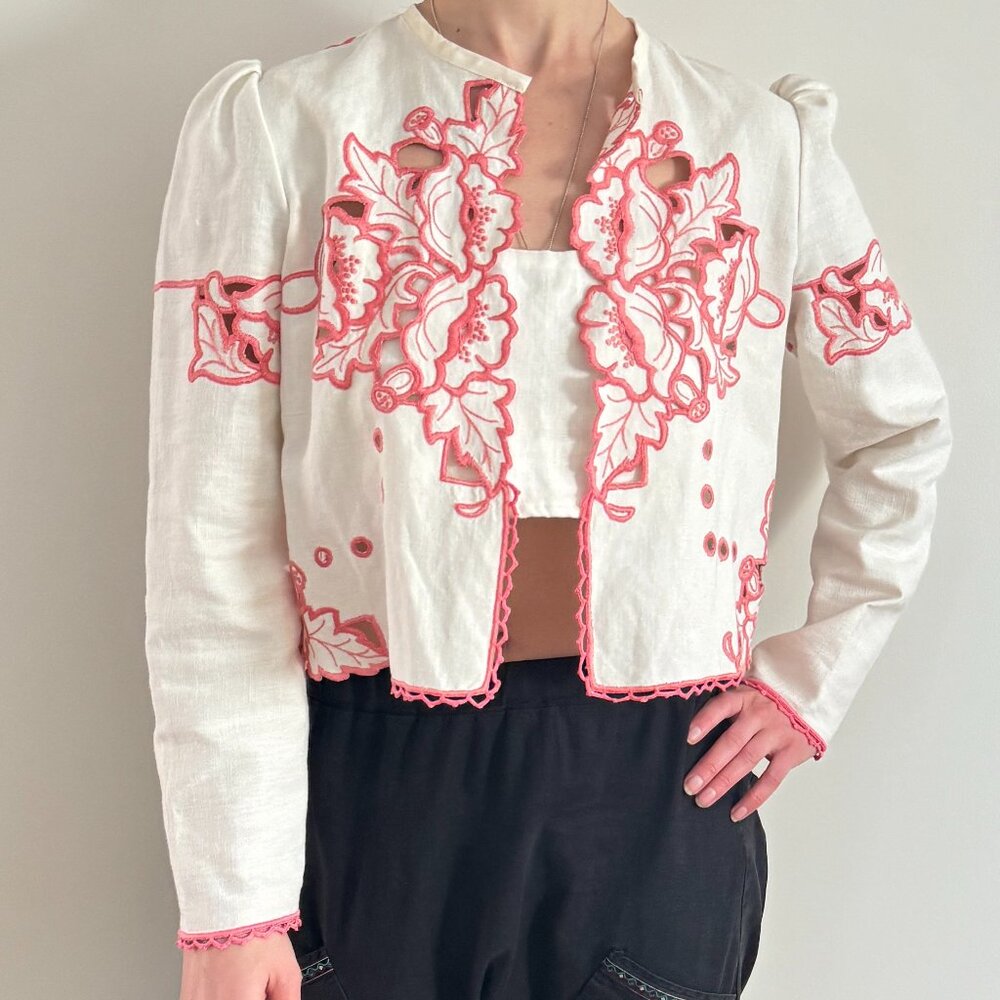 Vintage Handmade Linen Cutwork Bolero White Embroidered Cropped Puff Shoulders